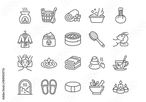 Spa and wellness line icons set. Vector black outline illustration collection of beauty, relaxation, massage, sauna, herbal therapy and body care symbols isolated on white background.