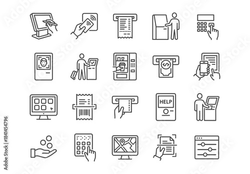 Self-service kiosk and terminal line icons. Vector illustrations of ATMs, vending machines, payment methods, biometric scanners, and automated retail interactions in a clean outline style.