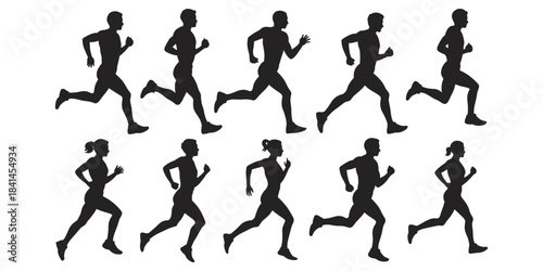 Silhouettes of Male and Female Runners in Motion on a White Background running athlete