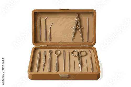Wooden box with a variety of medical instruments inside
