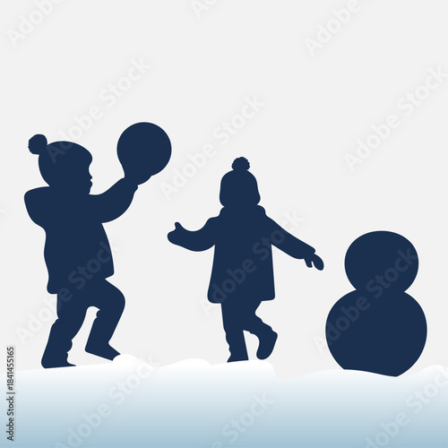 Children making a snowman in the snow having fun playing silhouette winter mood dark blue illustration