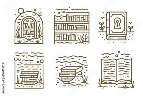 Set of six book-related icons, including a book, a bookcase, a book shelf