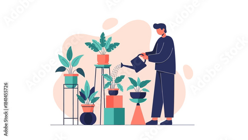 Person watering indoor plants, bringing life and serenity to a modern home garden, promoting wellness and growth, connecting with nature inside