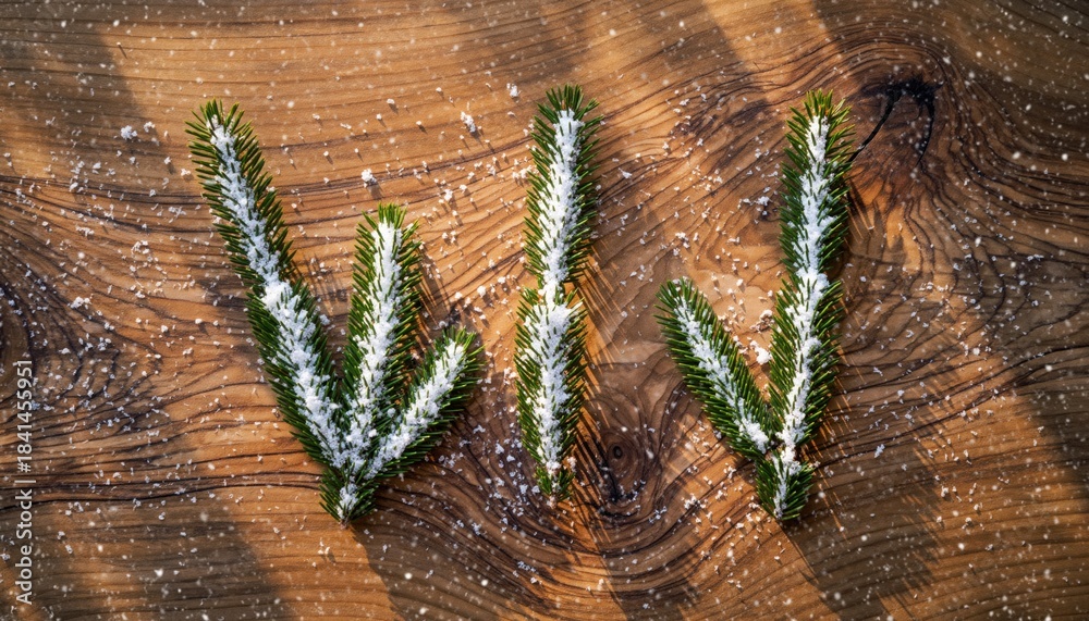 Fototapeta premium Whimsical Evergreen Message: Festive fir branches artfully arranged on a weathered wooden surface spell out a word, dusted with a touch of playful snow.