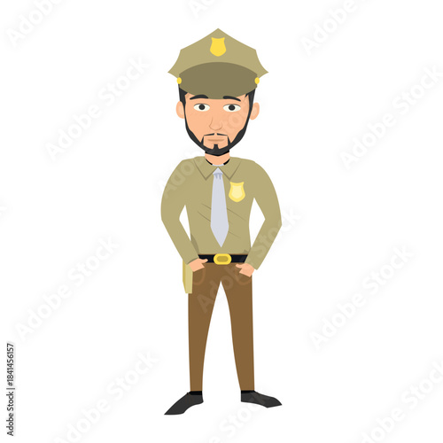 Sheriff character standing professionally in a tan uniform with a hat