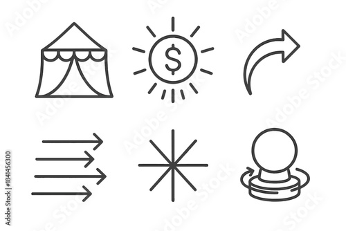 Tent, a dollar sign, a star, a crystal ball, an arrow, and a curved arrow