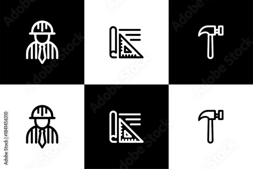Vector Set of 3 Black and White Construction and Engineering Line Icons: Worker, Blueprint, and Hammer