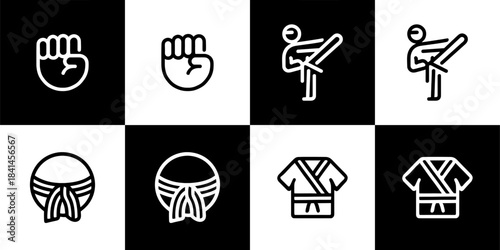 Vector Set of 4 Black and White Martial Arts Line Icons: Fist, Kick, Gi, and Belt Symbols