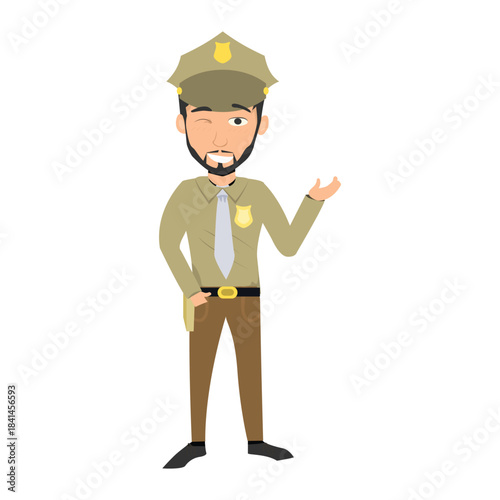 Sheriff character gesturing with an open hand to show or present something to the side