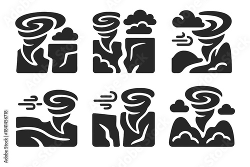 Series of black and white icons depicting different types of storms