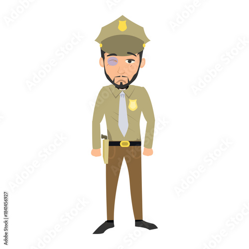 Sheriff character with a black eye injury standing. Concept of fight or victim