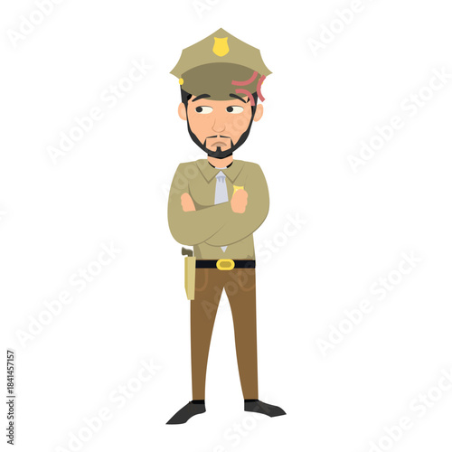 Angry or annoyed sheriff standing with arms crossed and a vein popping on his head