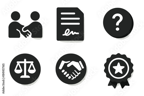 Set of six icons that represent different concepts related to law and business