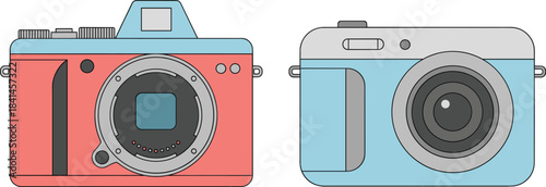 Vector illustration of modern digital cameras with detailed lenses and sensors in clean minimal flat style design