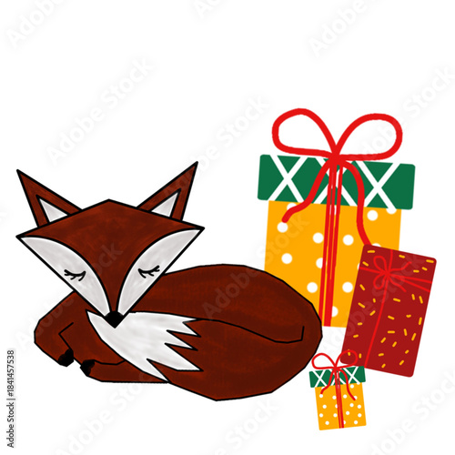 Illustration of a brown fox sleeping with some festively wrapped presents. Illustration with Christmas or winter holiday theme.