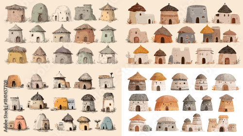 Watercolor illustration set of primitive huts and early dwellings representing indigenous housing forms and ancient settlement architecture in soft neutral tones