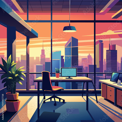 View of city skyline from office with sunset in background and workspace setup Generative AI