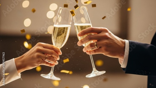 Celebrating the New Year with a Champagne Toast and Falling Confetti