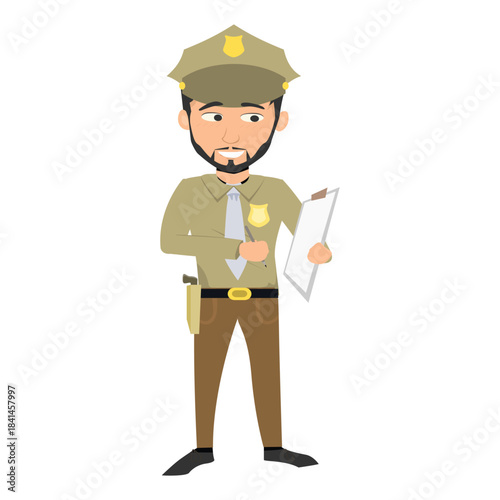 Sheriff holding a clipboard and writing a ticket or report. Concept of law enforcement
