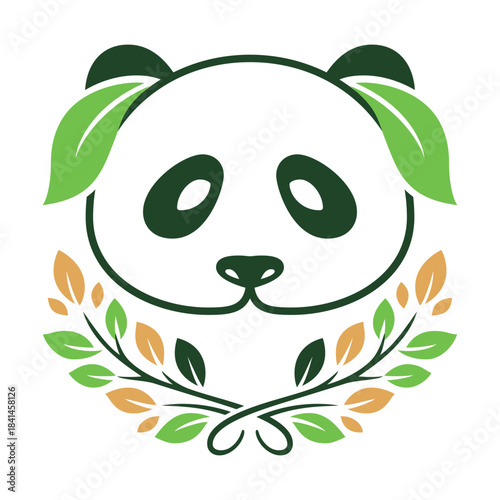 A cute cartoon panda with a funny green face sits on a leaf, an amphibian animal vector illustration design for a nature icon or symbol