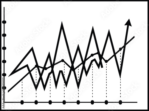 Abstract line graph illustration showing fluctuating data trends, dotted markers, rising arrow, and bold black chart elements