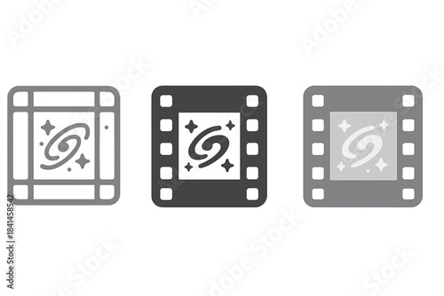 Three different colored film strips with a galaxy on them