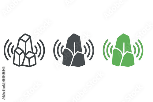 Three different types of rocks are shown with a wave of sound coming from them