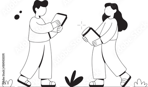 Two People Walking and Using Mobile Devices in Nature