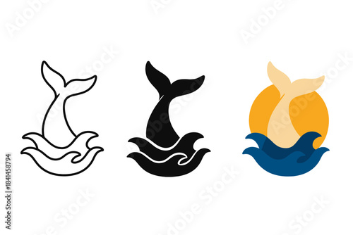 Three different versions of a whale tail, each with a different color scheme