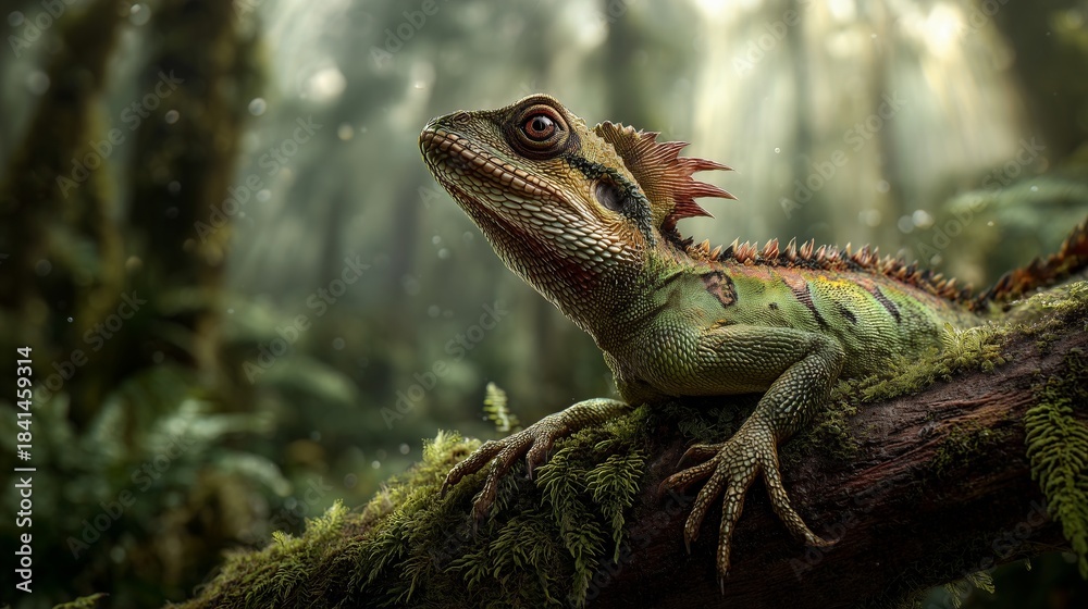 Fototapeta premium A hyperrealistic, captivating photograph of a vibrant and intricately detailed forest dragon (such as an Asian forest dragon or a similar-looking lizard species) perched on a moss-covered branch in a 