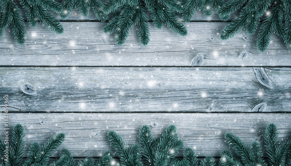 Fototapeta premium Festive Fir on Rustic Plank: A wintery tableau features evergreen fir branches gently framing weathered wooden planks, adorned with softly falling snowflakes.