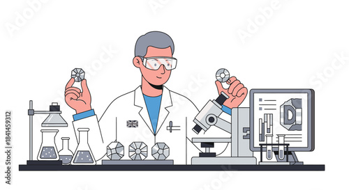 An engineer in a lab coat examines mechanical parts and uses a microscope in an industrial engineering setting with various equipment and a computer.