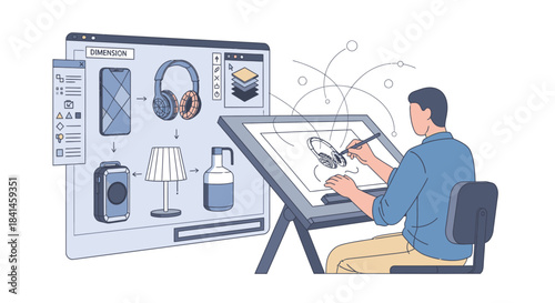 A man in a blue shirt and khaki pants working on a digital drawing tablet with a large monitor displaying various design elements in the background, related to engineering and industry,