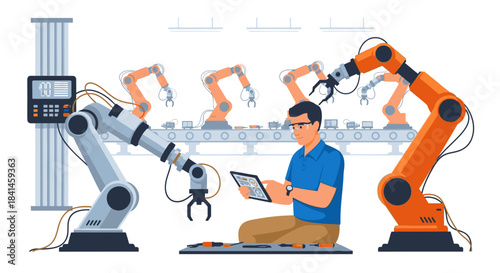 An engineer in a blue shirt works on a tablet amidst industrial robotic arms in a factory setting with a grandfather clock in the background.