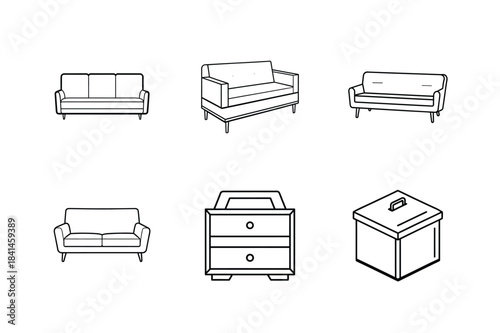 Six line art icons of sofas, chest of drawers, and storage box couch furniture