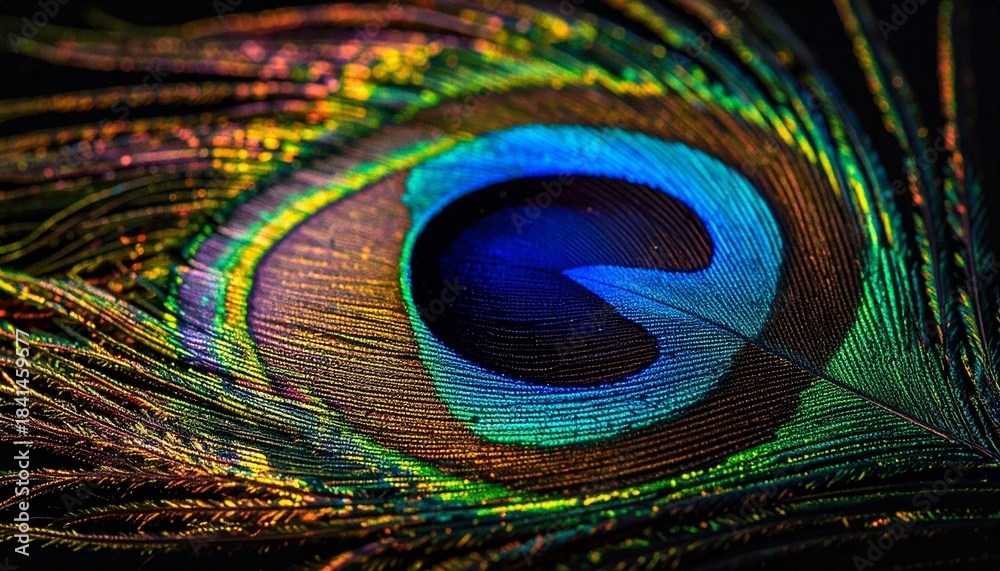 Obraz premium Close-Up of Peacock Feather on Black Background – Iridescent Colors and Eye Pattern Showcasing Natural Beauty, Structural Coloration, and Artistic Inspiration