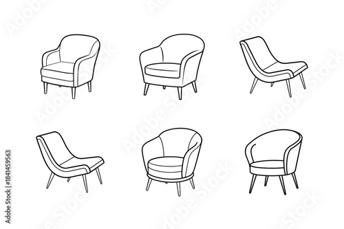 Six Outline Illustrations of Armchairs and Lounge Chairs furniture seating