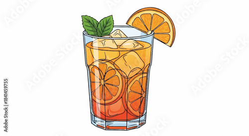 Iced Tea Drink with Orange Slices, Mint, and Ice in a Tall Glass