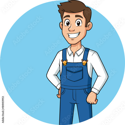 Cheerful cartoon male worker character wearing blue overalls and white shirt standing confidently in a bright circular background