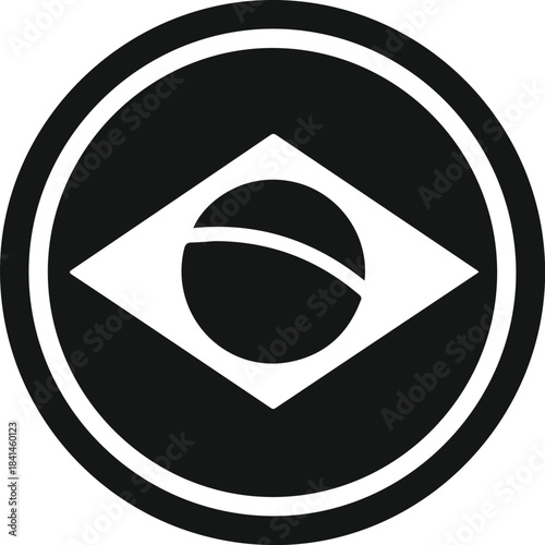 Stylized black and white brazilian flag emblem in a circle