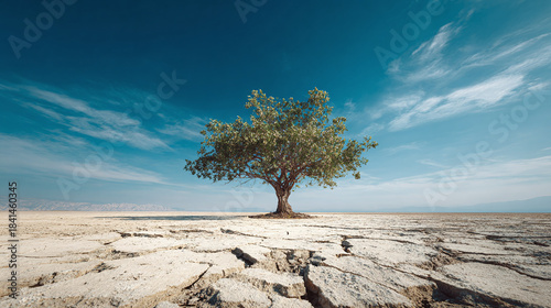 A lone tree stands strong amidst cracked earth under a vast blue sky, illustrating resilience and the power of nature