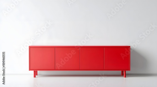 A sleek contemporary red four door credenza with minimalist legs is showcased against a stark white wall and floor perfect for modern interior design concepts