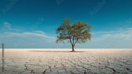 A solitary tree stands tall in a vast, arid landscape under a clear blue sky. The ground is cracked and dry, emphasizing the tree's resilience
