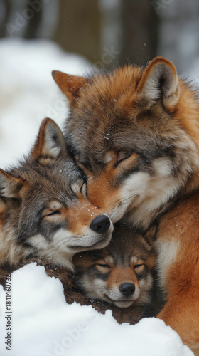 A mother wolf warms her pups in the snow. - generative ai