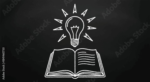 Hand Drawn Chalk Illustration of Open Book with Glowing Idea Light Bulb on Dark Chalkboard Background