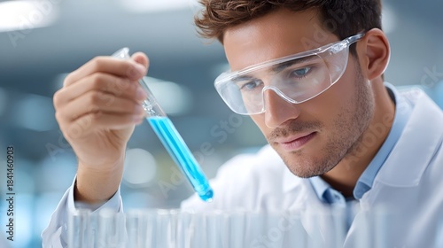 A diligent male scientist wearing safety glasses and a lab coat intensely studies a blue chemical substance in a test tube during a research experiment
