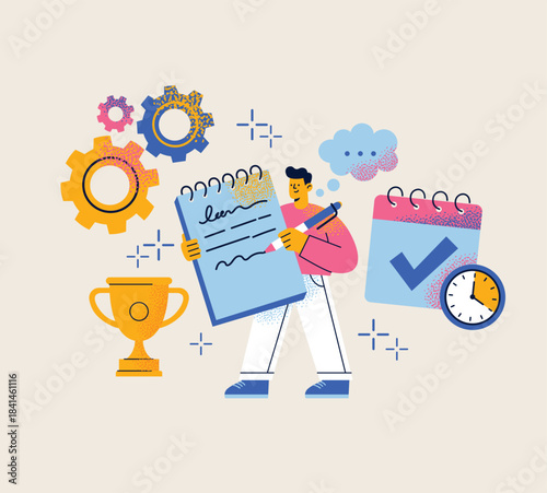 Man Writing in Notebook. Taking Notes, Idea Generation, Planning, Copywriting, Creative Process, Student Study, Checklist. Flat vector illustration. Productivity and workflow management concept