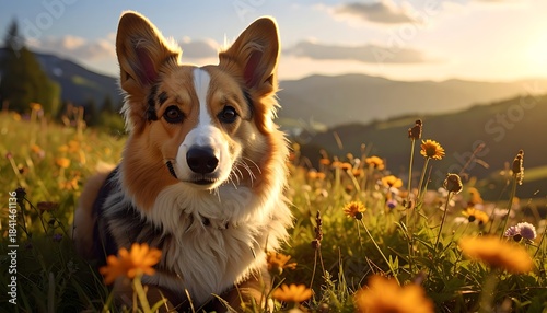 Fototapeta Naklejka Na Ścianę i Meble -  Adorable corgi dog rests in a sunny wildflower meadow with rolling hills in the background at sunset
