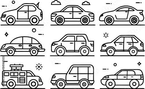 Nine black line car on white background automobile