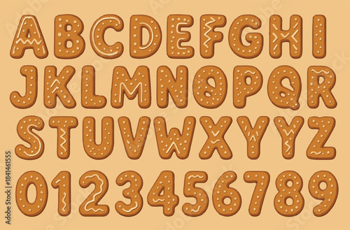 Quadro su tela Hand-Drawn Style Gingerbread Alphabet Letters and Numbers with Festive Sprinkles and Icing